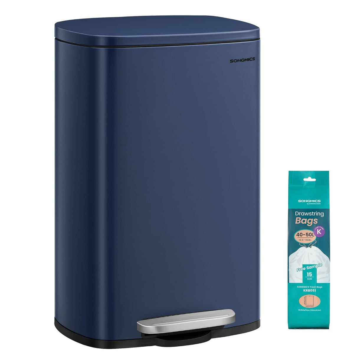 SONGMICS 13 Gallon (50 L) Trash Can, Stainless Steel Kitchen Garbage Can, Recycling or Waste Bin