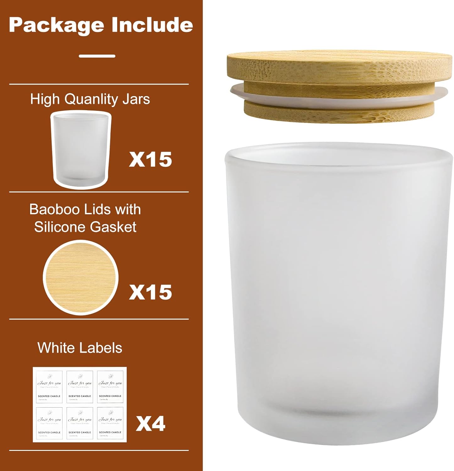 CONNOO 15 Pack 7 OZ Frosted Empty Candle Jars with Bamboo Lids and Sticky Labels for Making Candles