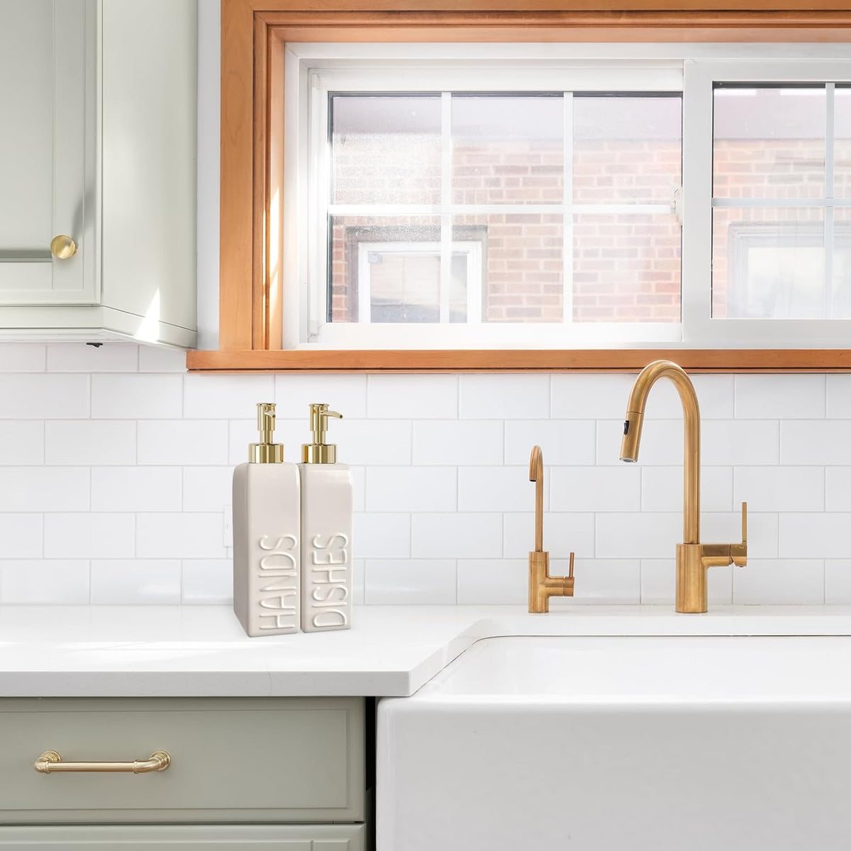 Soap Dispenser Set with Gold Stainless Steel Pump and a Funnel, 2 Pack Modern Ceramic Refillable