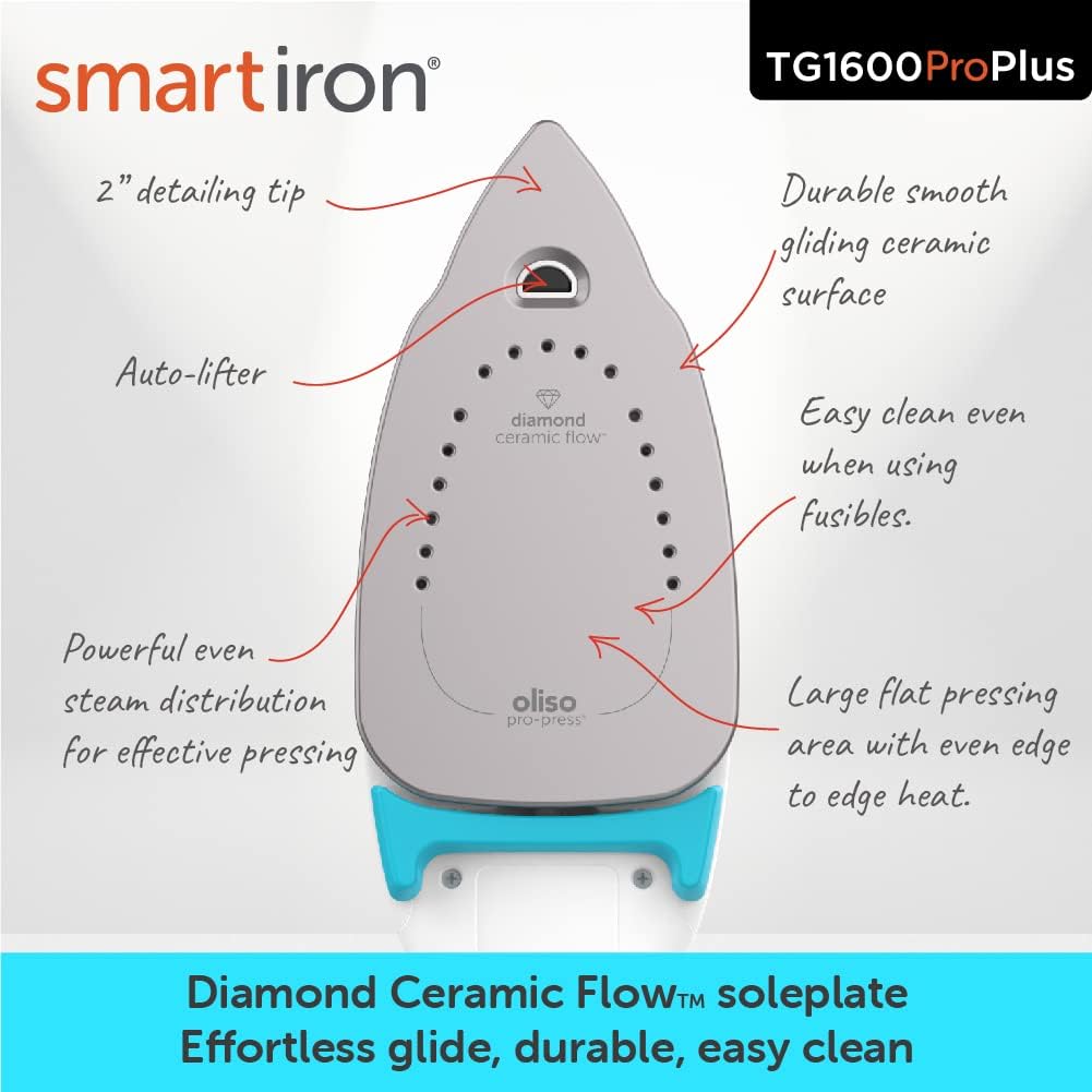 oliso TG1600 ProPlus Smart Iron with Auto-Lift – 1800 Watt Steam Iron for Clothes, Sewing, Quilting