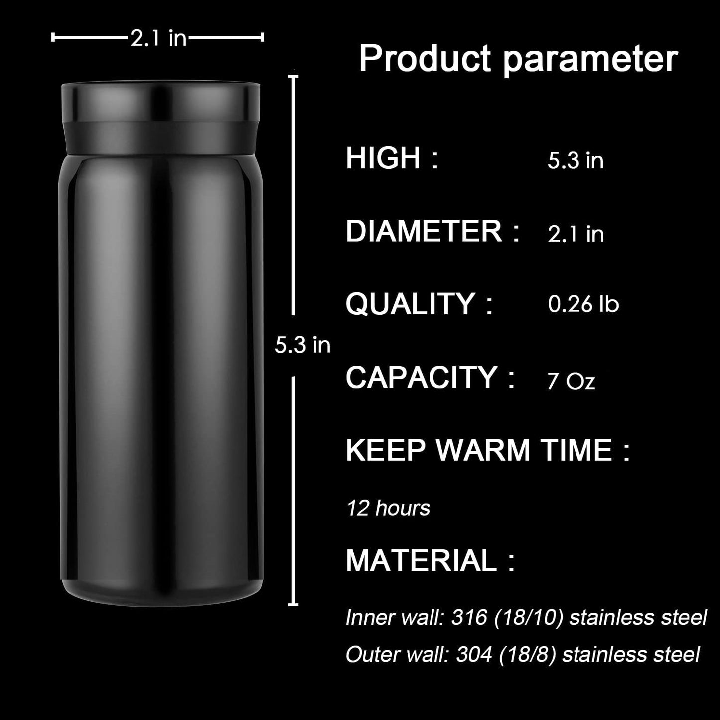 Mini Thermos Cute Water Bottle - 7 oz Tiny Insulated Vacuum 18/10 Stainless Steel Small Flask
