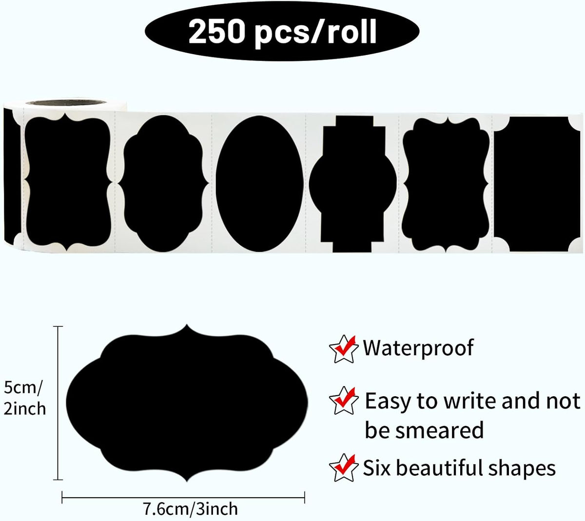 Black Labels Stickers, 250 PCS 3" x 2" Fancy Shape Sticker for Storage Box or Food Jars Holiday
