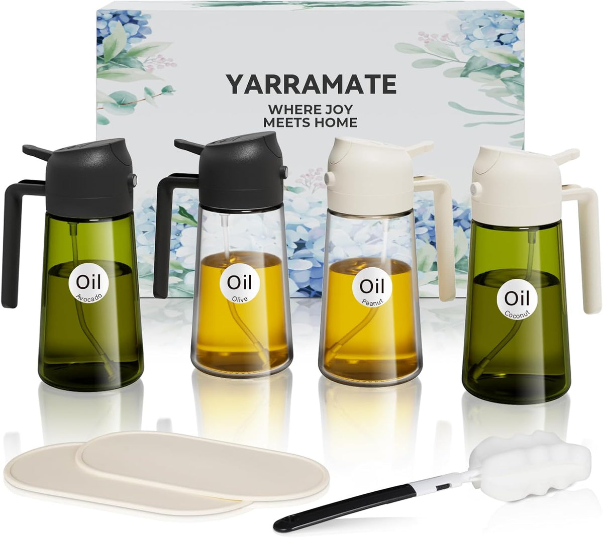 YARRAMATE 4Pcs 16oz/470ml Glass Olive Oil Sprayer Set with Stickers, Kitchen Gadgets, Including