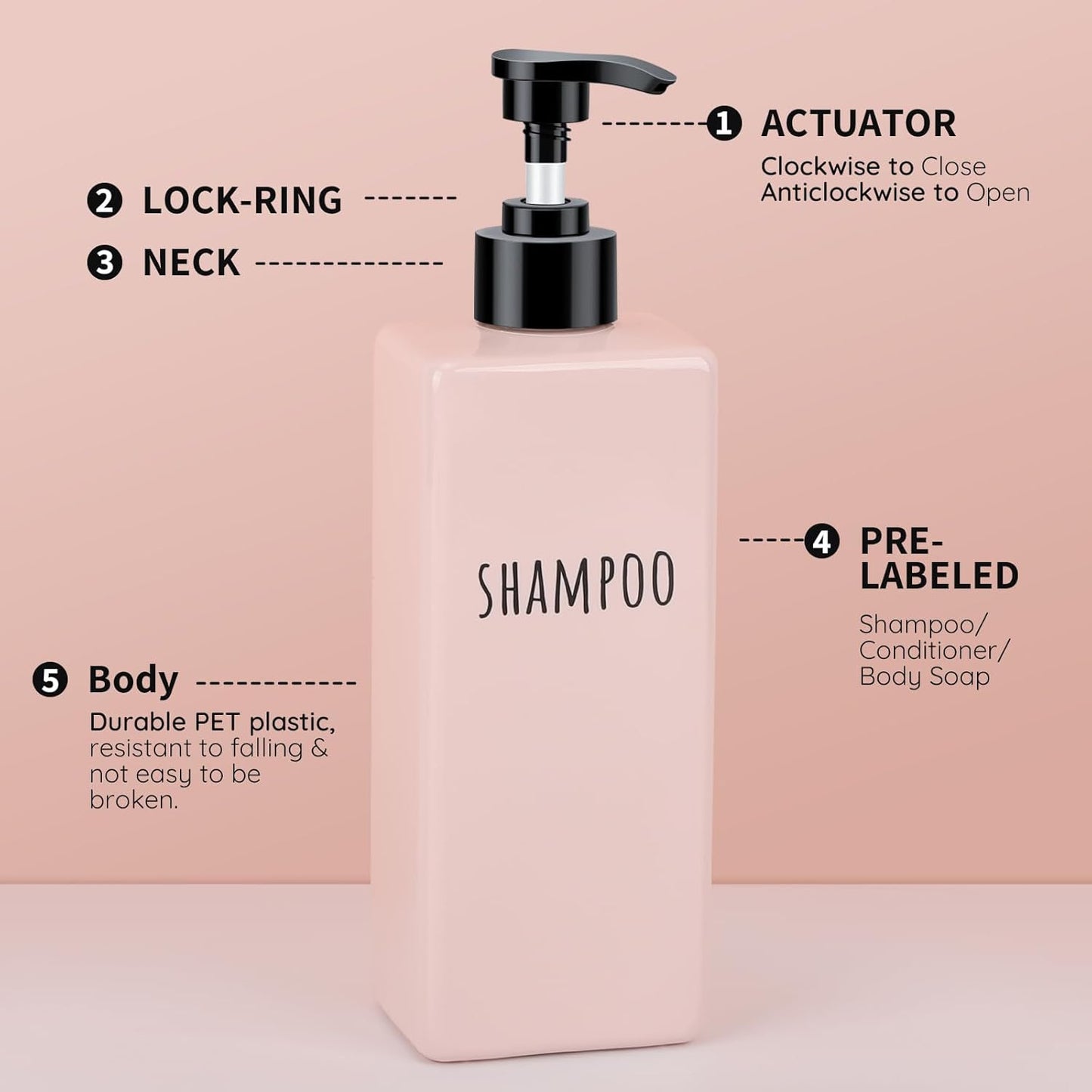 Segbeauty Refillable Shampoo and Conditioner Bottles, 3pcs 16.9oz Square Plastic Bathroom Soap