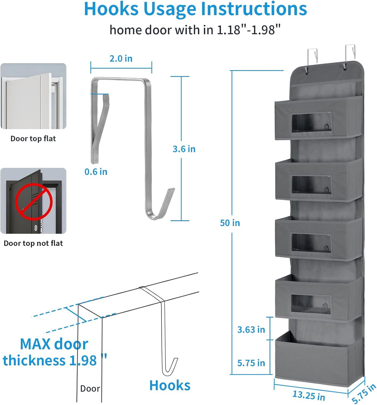 MAX Houser 5-Shelf Over The Door Hanging Organizer with 2 Metal Hooks, 5 Pocket Over The Door Wall