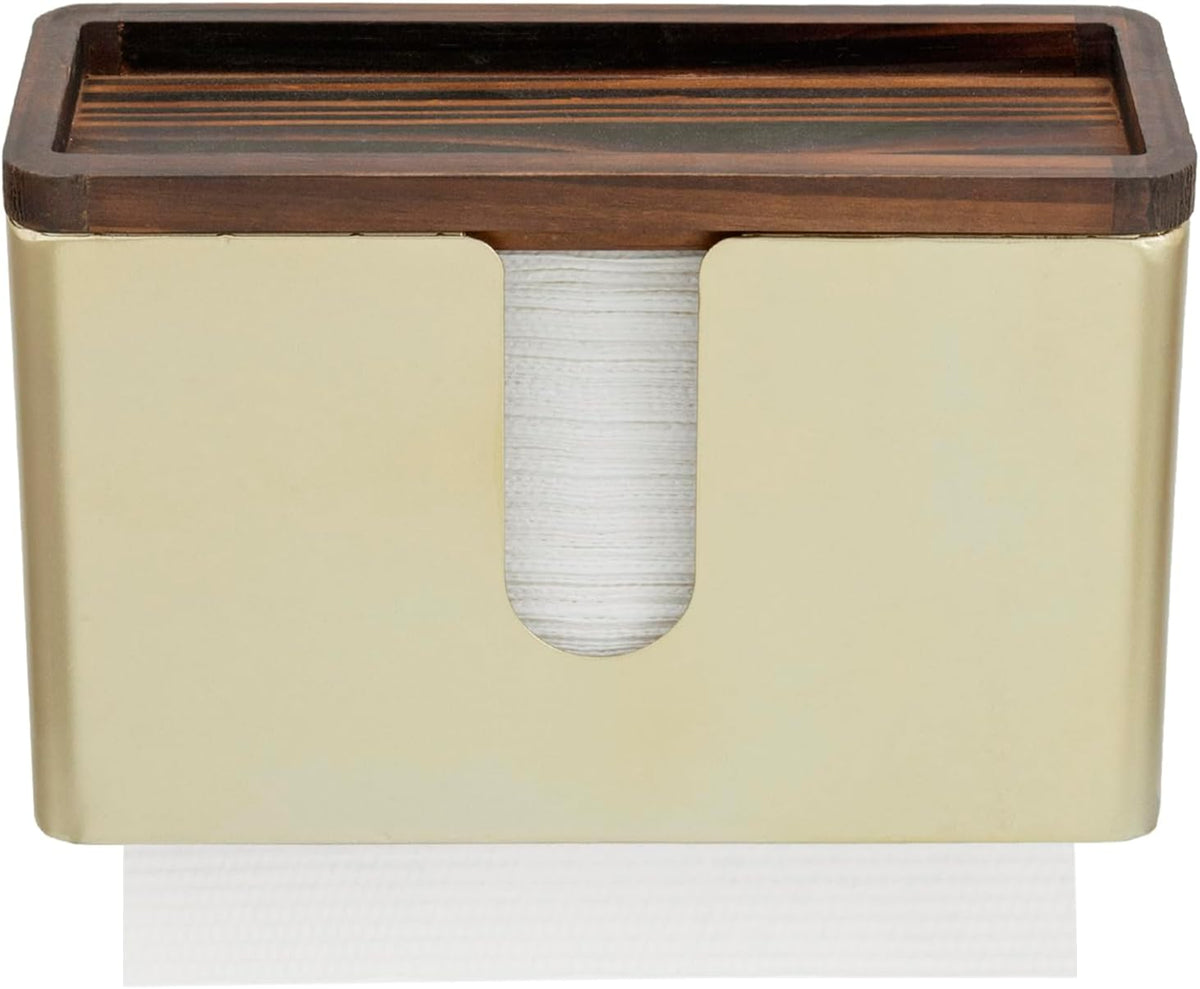 MyGift Deluxe Modern Brass Tone Metal Folded Commercial Paper Towel Holder with Burnt Solid Wood