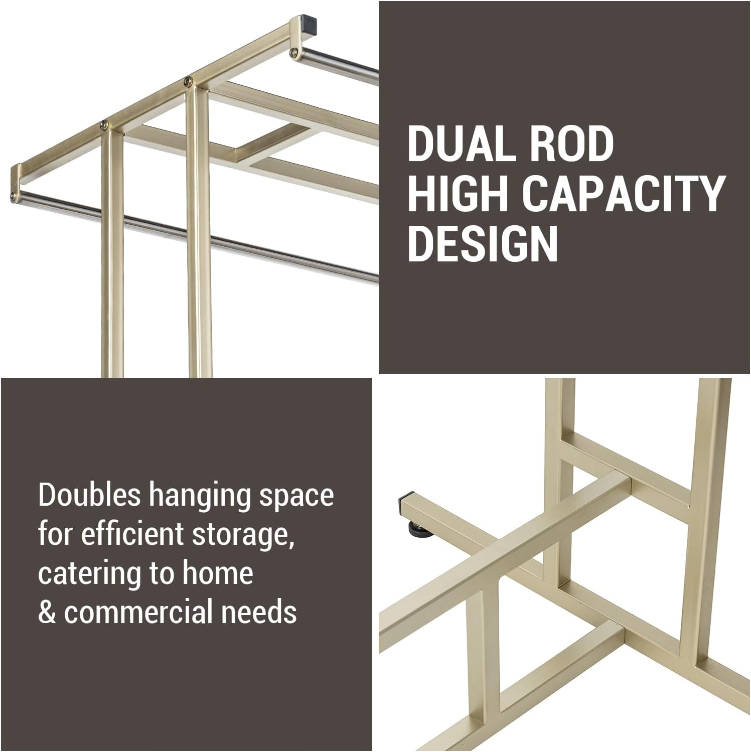 MyGift 4ft Tall Brass Tone Stainless Steel Freestanding Garment Rack, Heavy Duty Double Rod Clothes