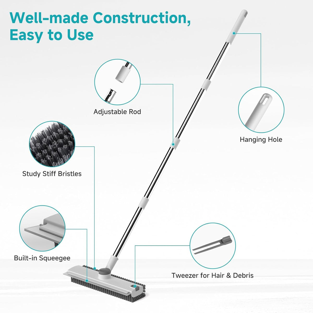 Floor Scrub Brush with Long Handle Length Adjustable, 3 in 1 Heavy-Duty Stiff 90° Bristle Floor