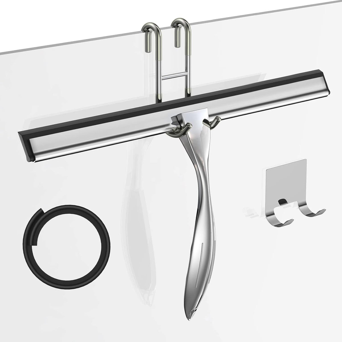 14-Inches Stainless Steel Shower Squeegee Set, Include Shower Door Hook, Adhesive Hook and Spare