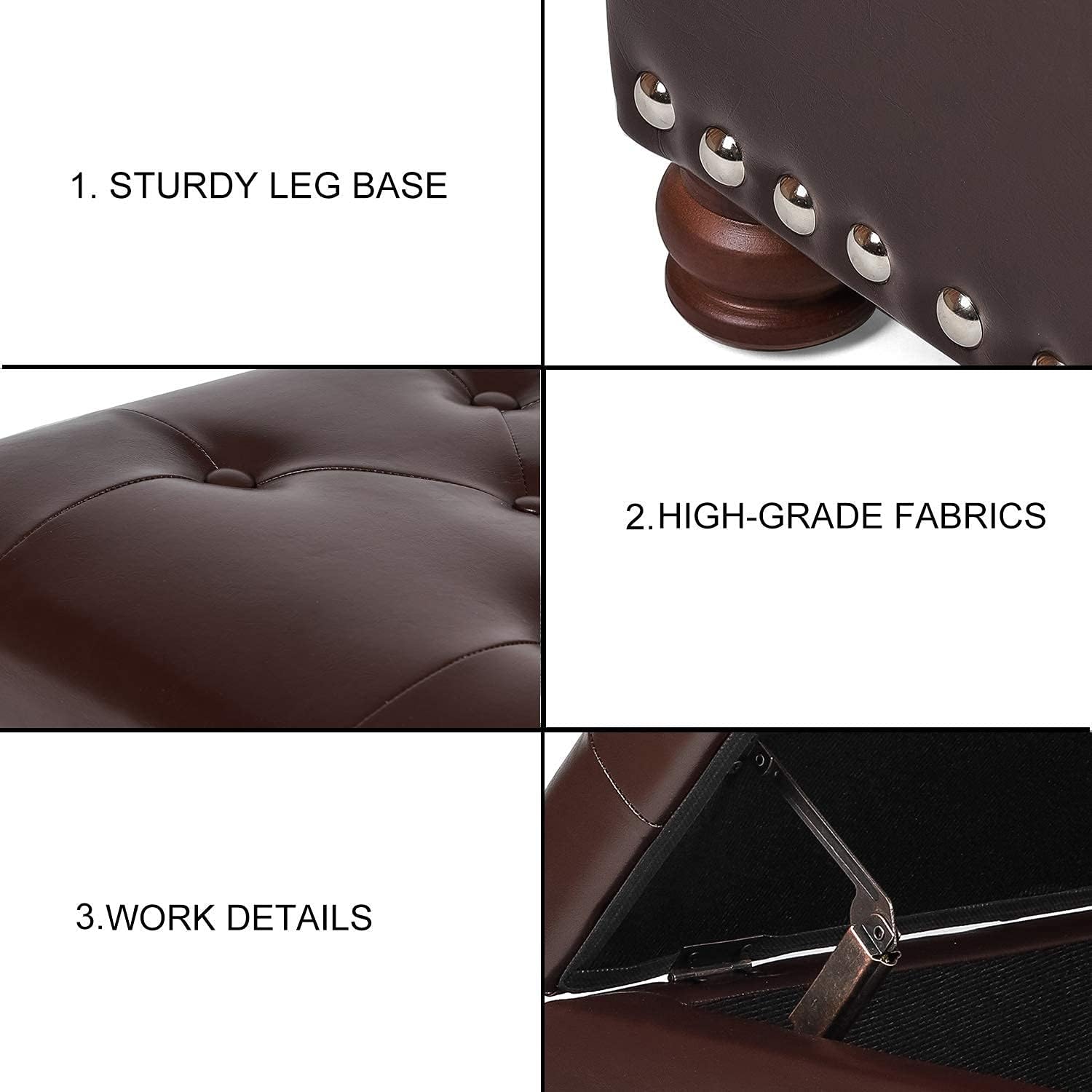 Leather Storage Ottoman Bench Foot Rest Stool with Nailhead Trim (Dark Brown - Button Tufted