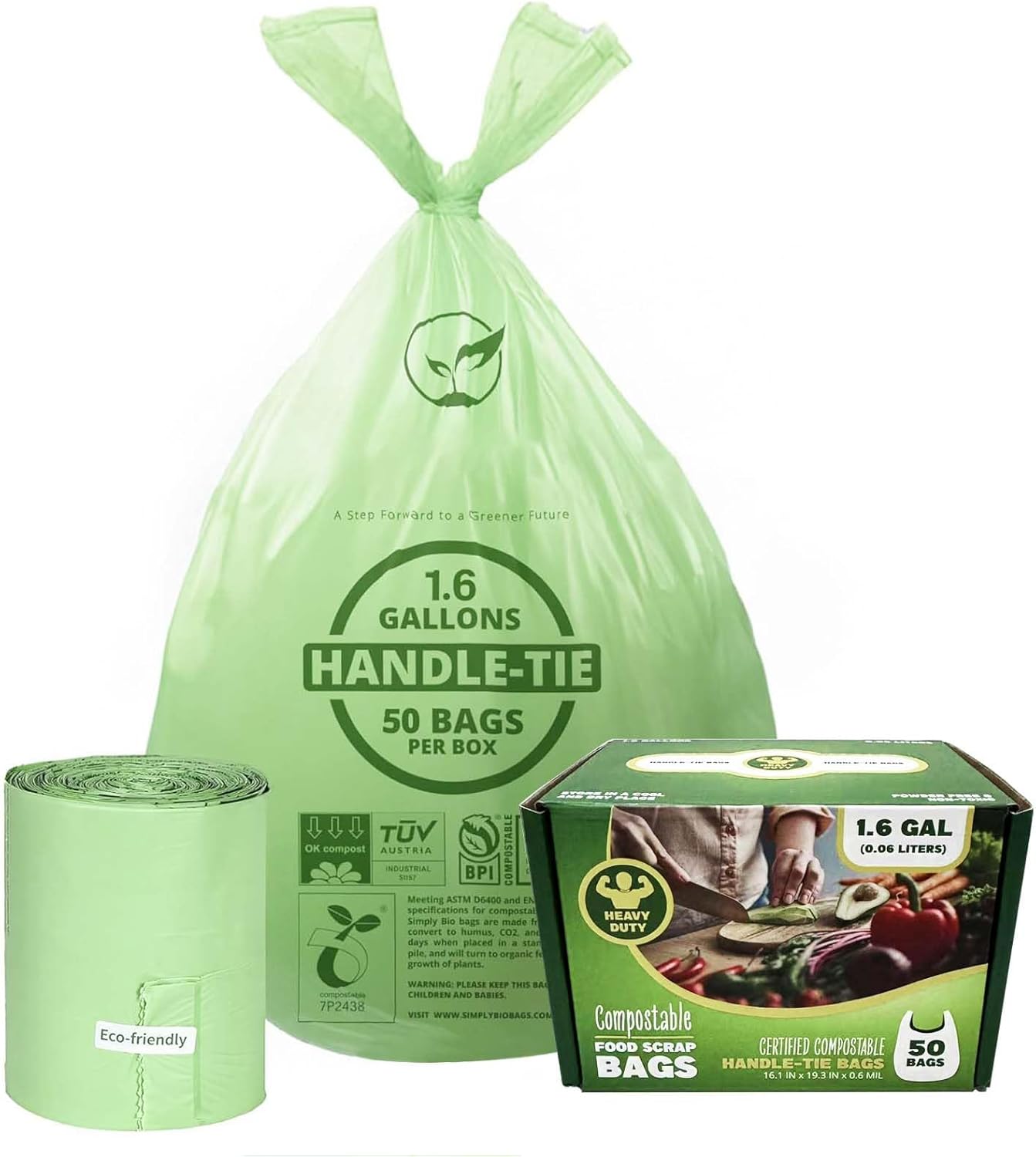 1.6 Gallon Compostable Trash Bags Drawstring, Heavy Duty Extra Thick 0.6 Mil, 6.06 Liter, 50 Bags