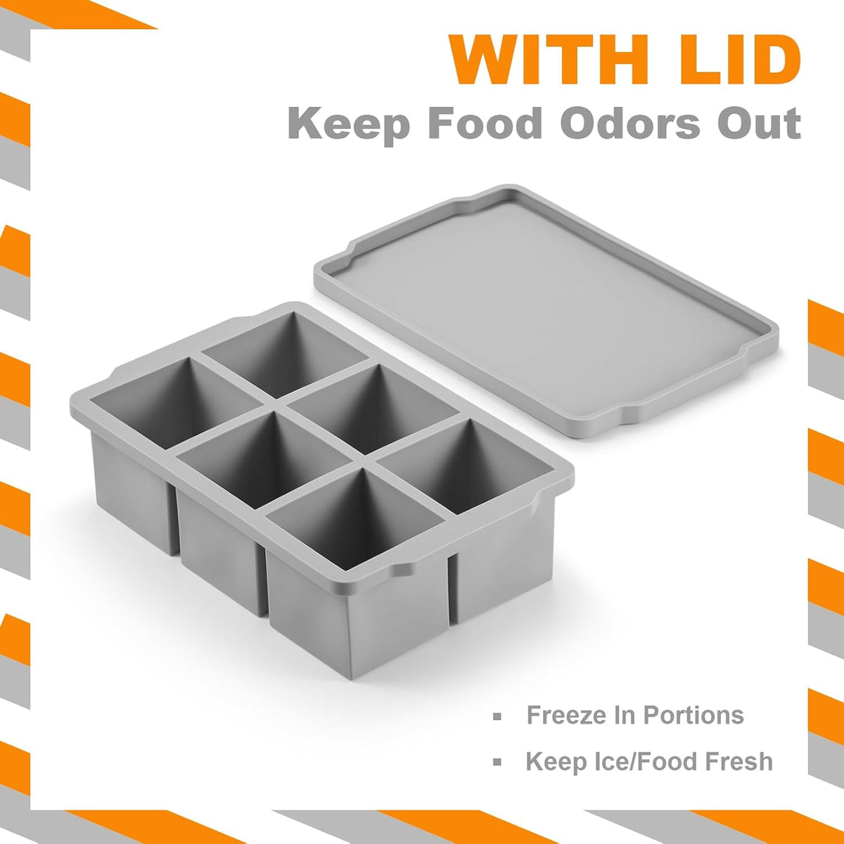 Nax Caki Large Ice Cube Tray with Lid Pack of 2, Stackable Big Silicone Square Ice Cube Mold for
