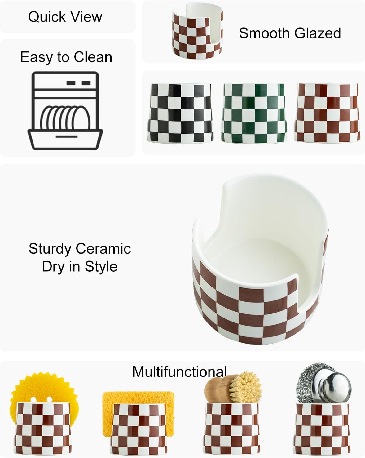 Checkered Sponge Holder for Kitchen Sink, Ceramic Dish Sponge Drying Caddy Scrubby Holder Kitchen