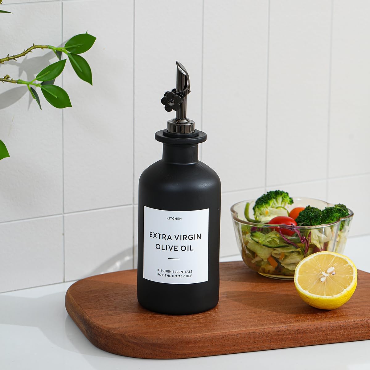 HOMCDALY Olive Oil Dispenser for Kitchen, 11.8oz Glass Kitchen Dispenser Bottle, Black Oil&Vinegar
