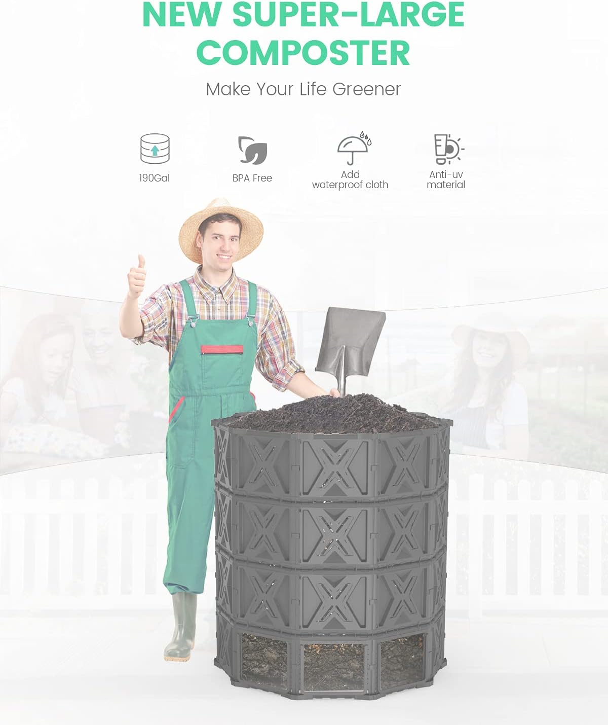 Large Compost Bin - 190 Gallon (720 L) Garden Composter with Better Aeration System, Easy