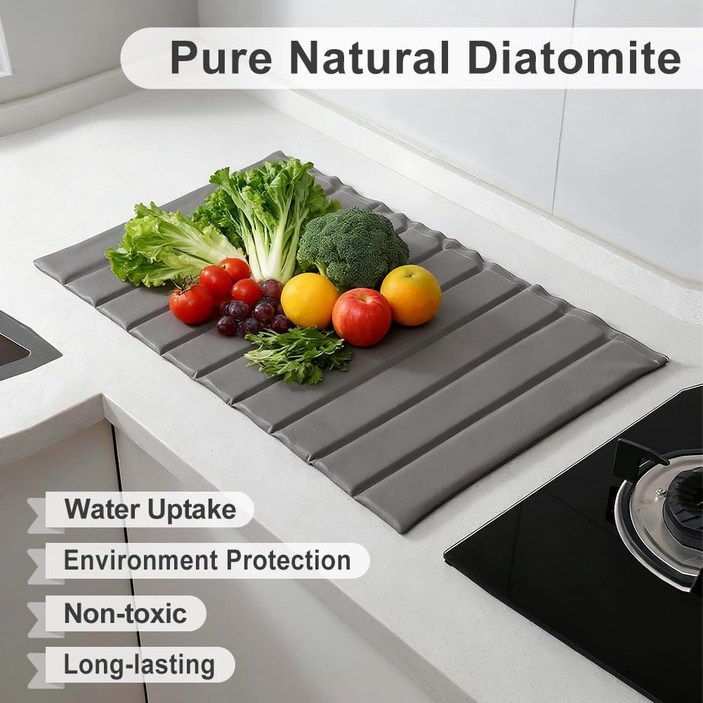 Large Stone Dish Drying Mat for Kitchen Counter, 25.2" × 16.1" Quick Dry Collapsible Diatomaceous
