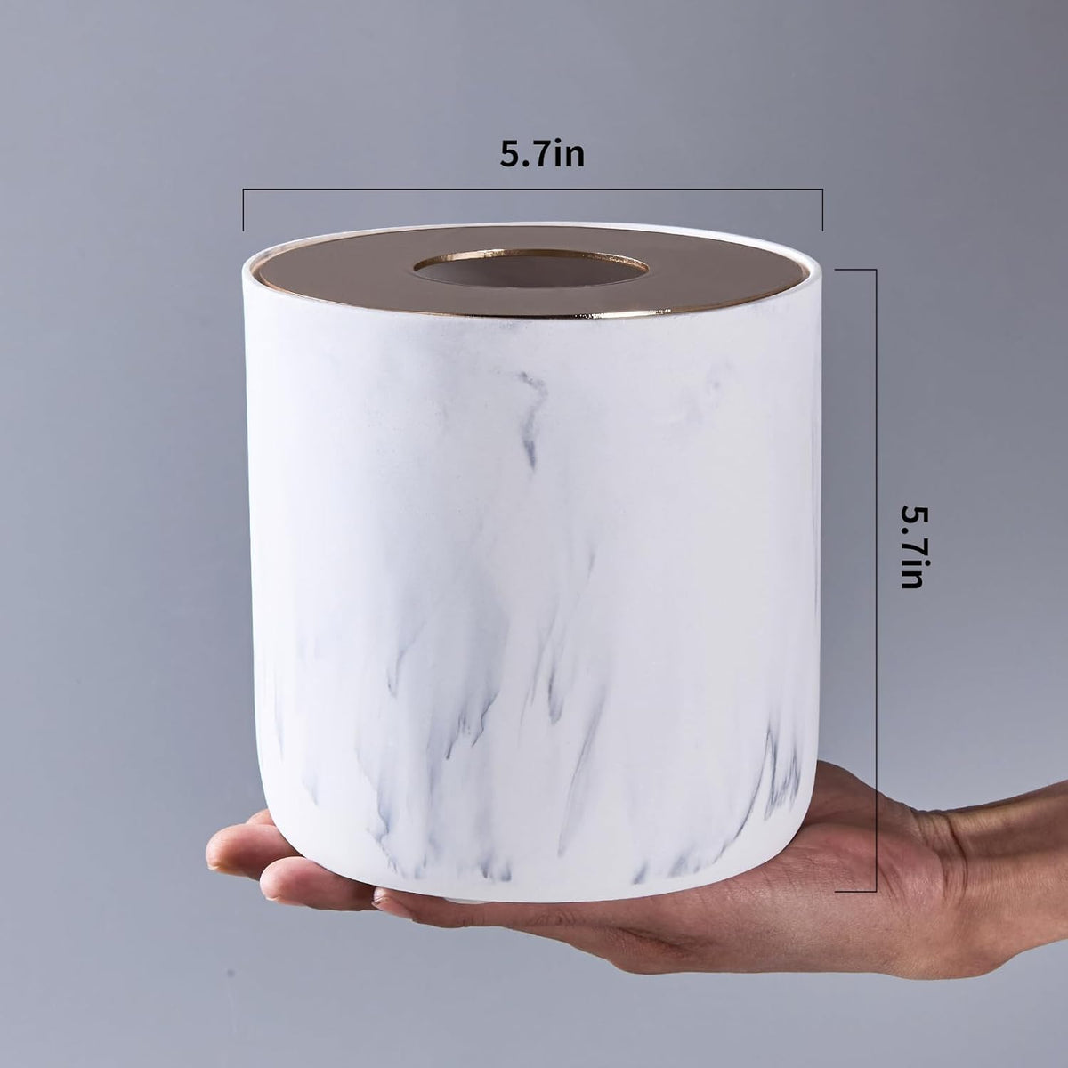 White Marble Textural Mini Trash Can with Rose Gold Stainless Steel Lid, Small Countertop Trash Can
