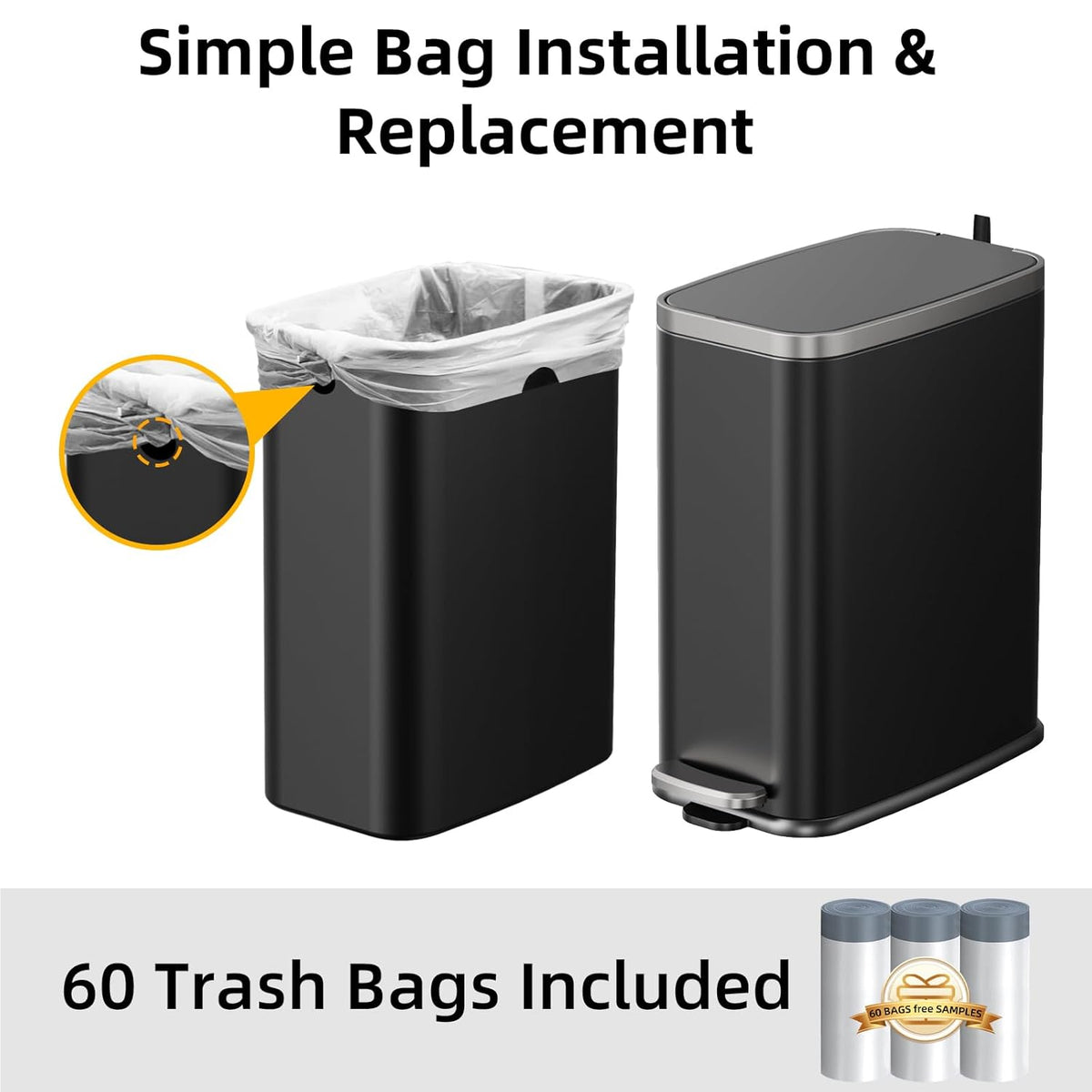 Stainless Steel Bathroom Trash Can with Lid Soft Close,1.6 Gallon Slim Garbage can,Small Metal Step