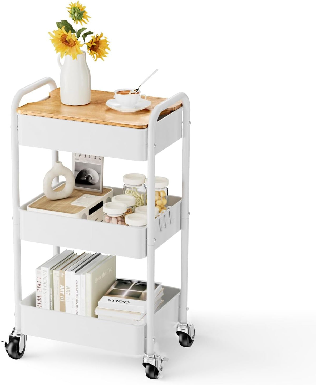 3 Tier Rolling Cart with Table top, Metal Rolling Utility Cart on Wheels, Sturdy Storage Organizer