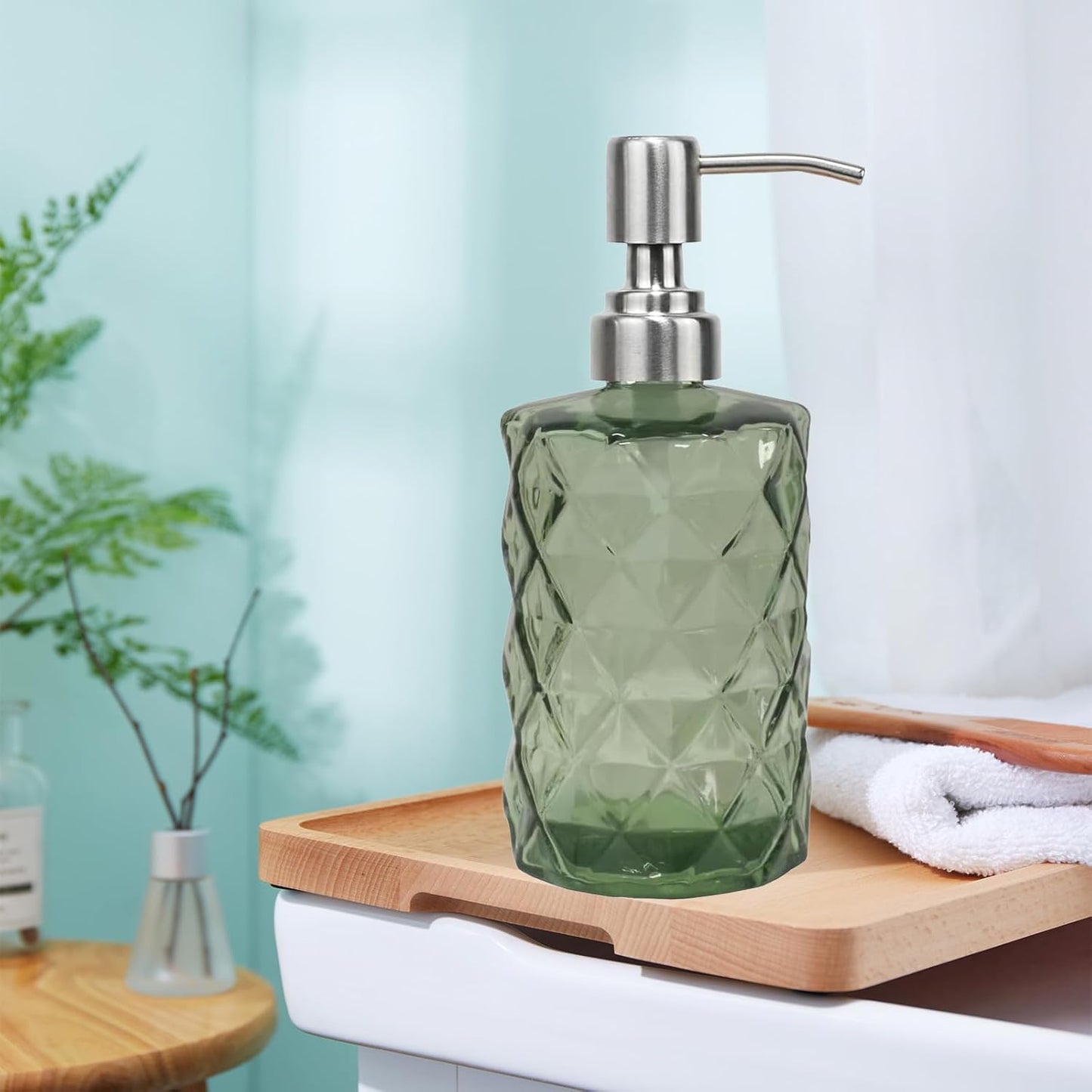 12Oz Green Glass Soap Dispenser with Stainless Steel Pump, Refillable Kitchen Liquid Hand Soap