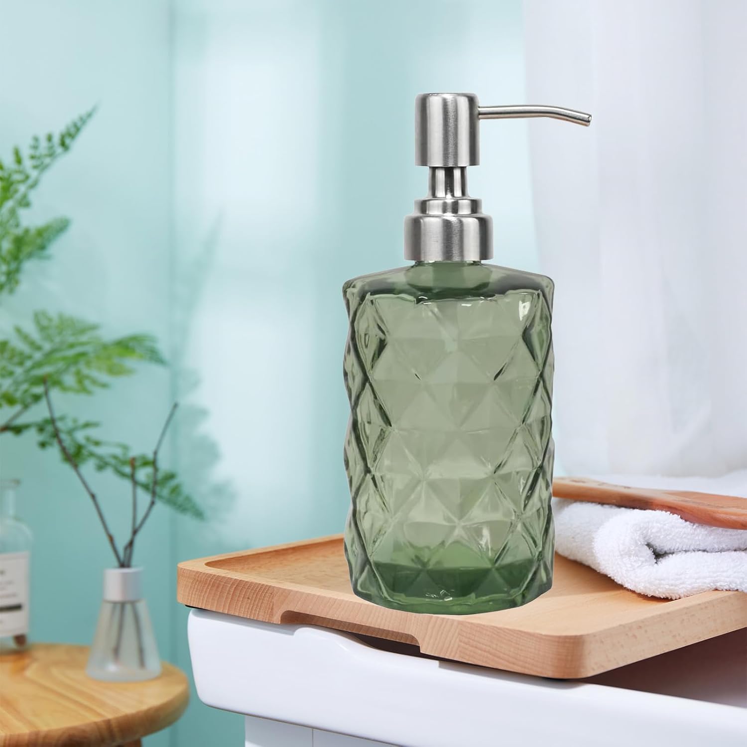 12Oz Green Glass Soap Dispenser with Stainless Steel Pump, Refillable Kitchen Liquid Hand Soap