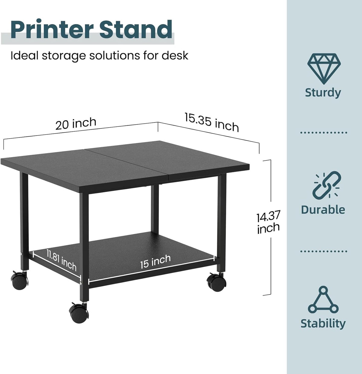 Printer Stand with Storage Under Desk Shelf, Desktop Printer Stand Organizer, Rolling Printer Cart