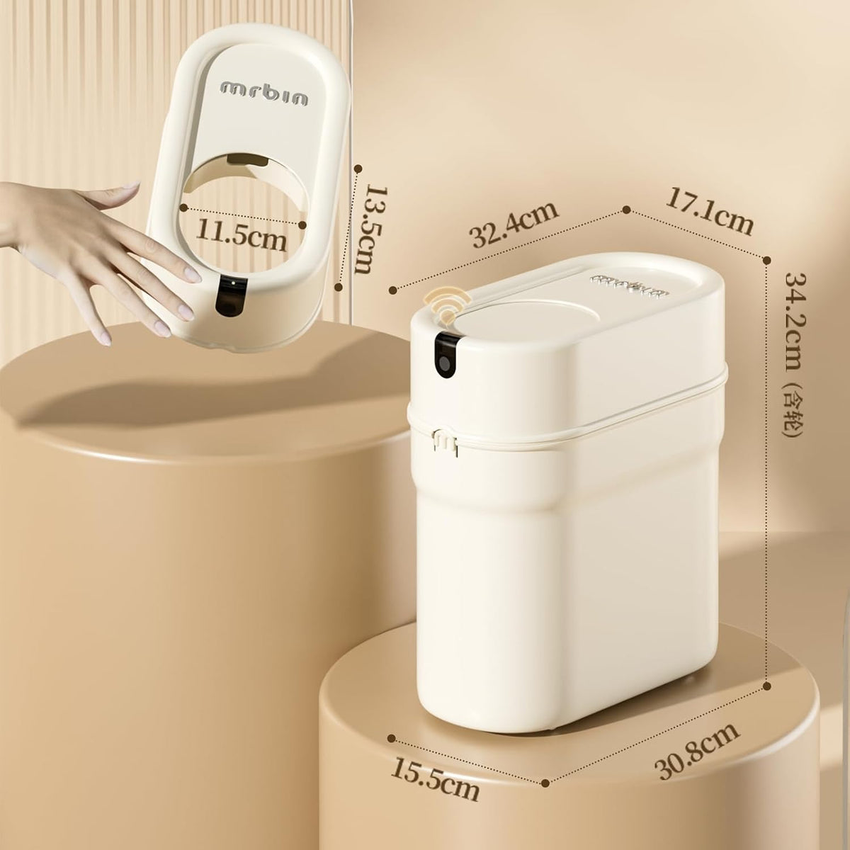 MRBIN Slim Automatic Bathroom Trash Can, 10L/2.6gal Touchless Pull Out Bagging Motion Sensor Waste