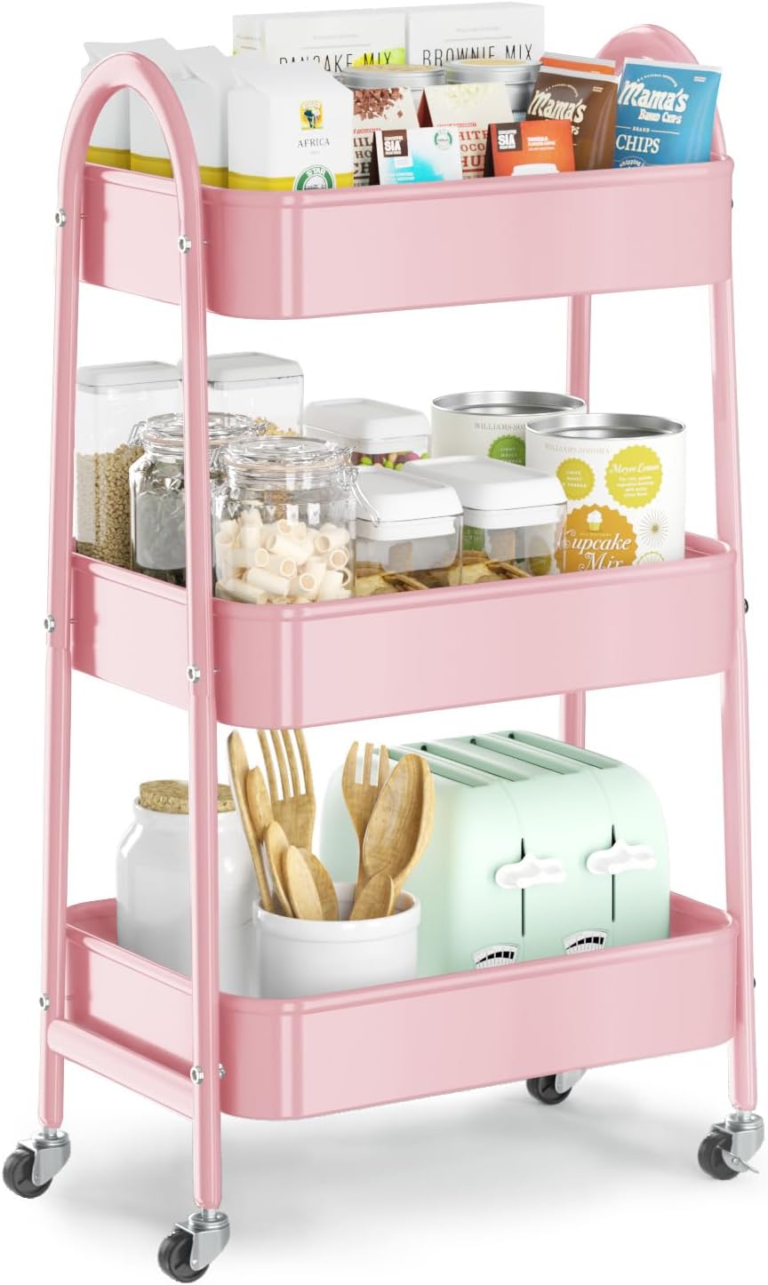 EAGMAK 3 Tier Utility Rolling Cart, Metal Storage Cart with Handle and Lockable Wheels