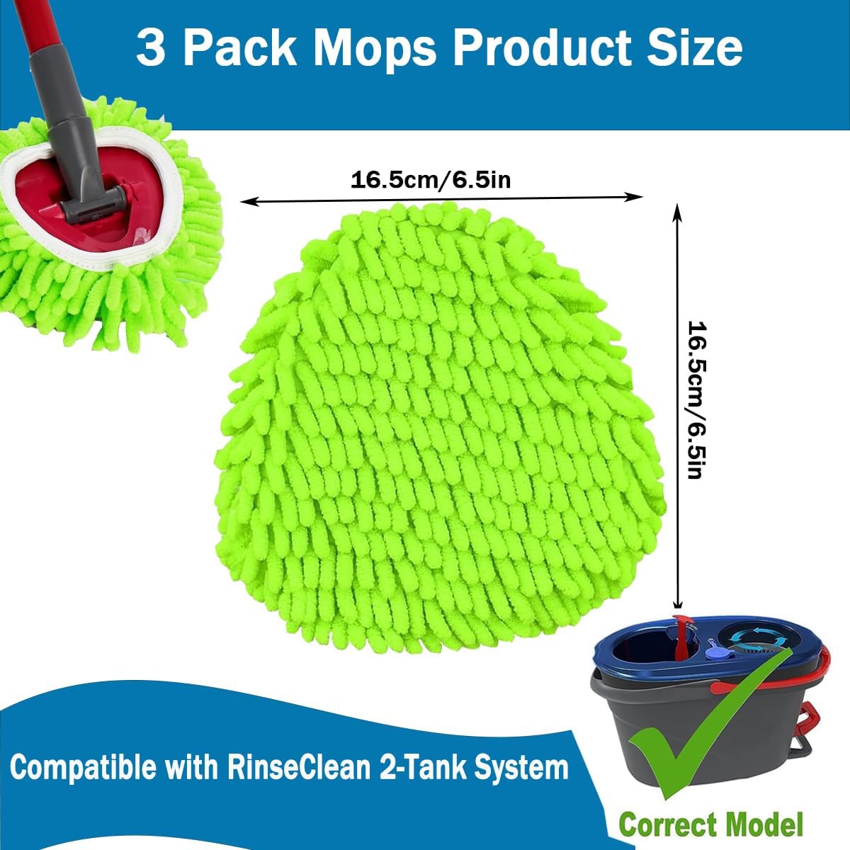 Mop Heads Replacements Compatible with Ocedar RinseClean 2-Tank System 3 Pack Spin Mops Refill