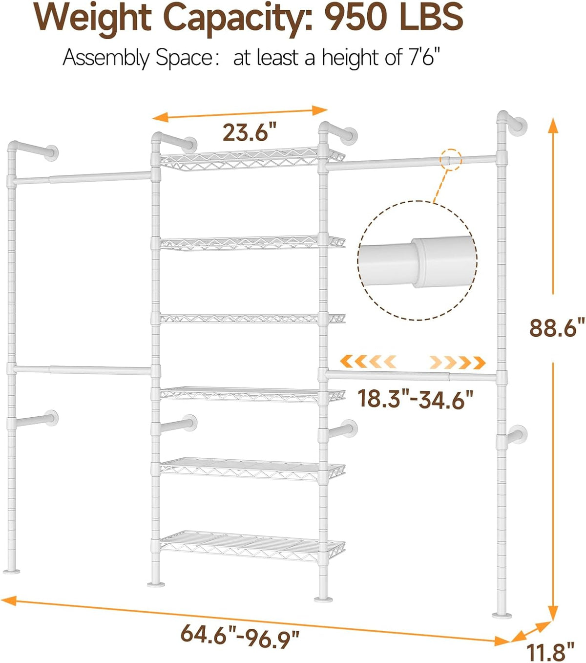 ONBRILL H3 Wall Mounted Closet System, Expandable Industrial Pipe Clothes Rack Clothing Rack for