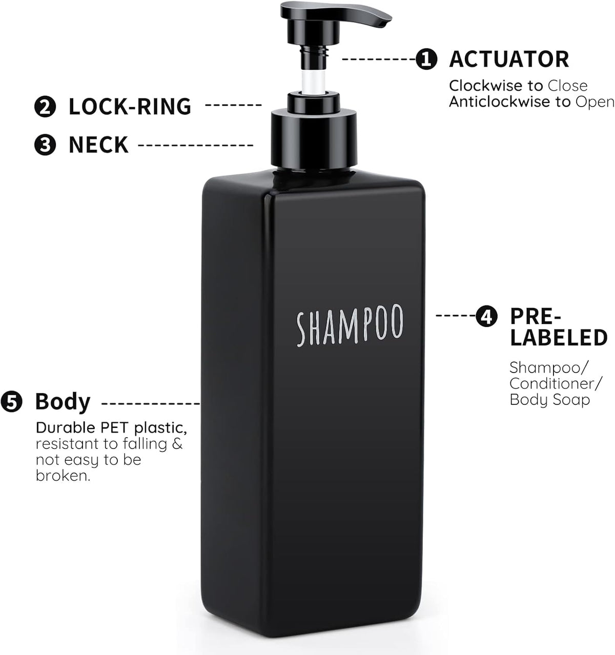 Segbeauty Plastic Square Soap Dispenser Black, 3pcs 16.9oz Refillable Shampoo and Conditioner