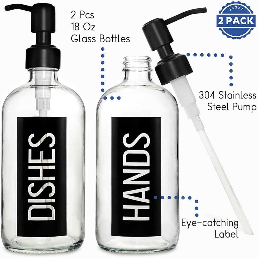 JASAI 2Pack 18OZ Glass Soap Dispenser, Black Stainless Steel Pump, Kitchen Dispenser with Classy