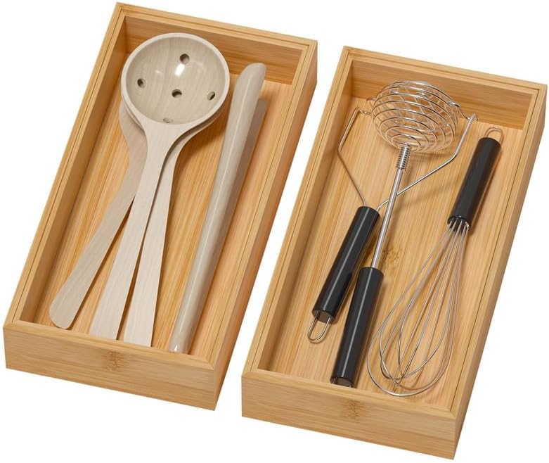 Bamboo Drawer Organizer - Silverware & Utensil Organizer, Stackable, 2 Pcs, Wooden Storage Box Tray