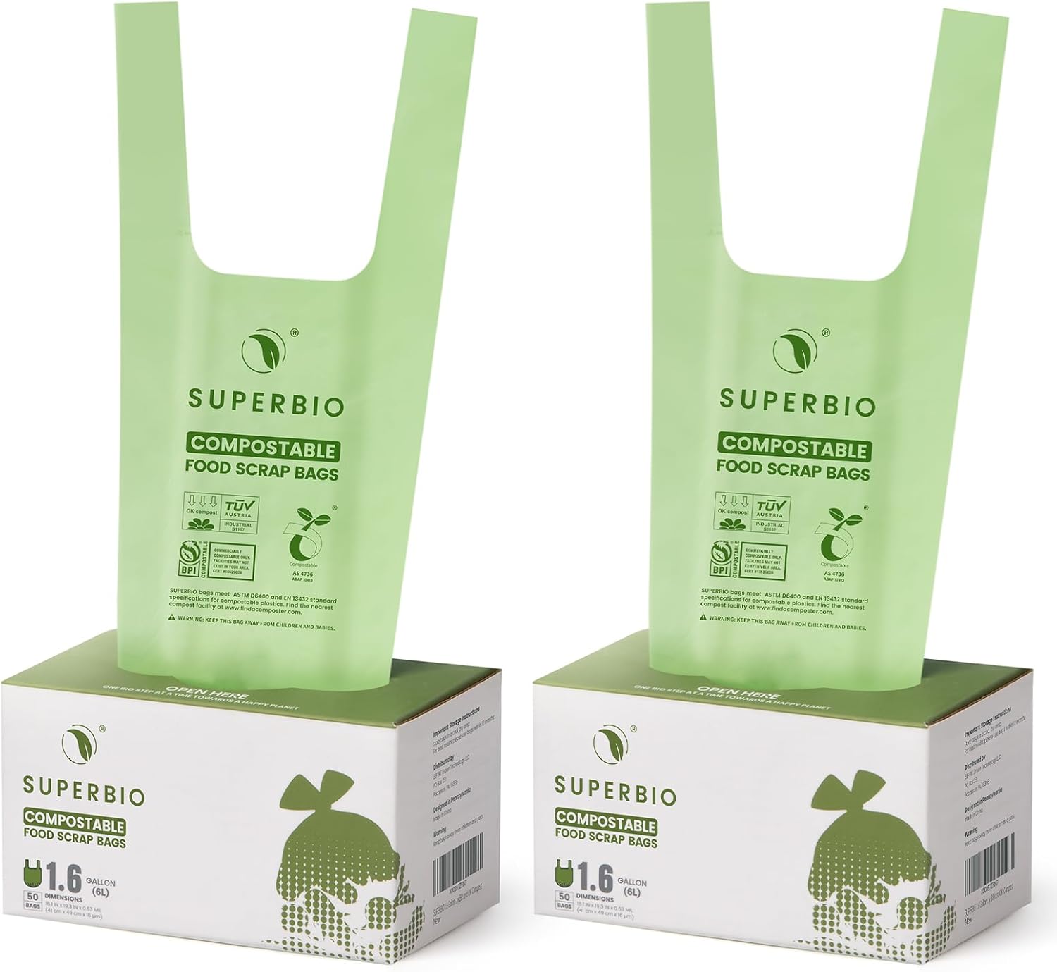 SUPERBIO 1.6 Gallon Handle Tie Compostable Food Scrap Bags, Small Compost Bags with Handles, 50