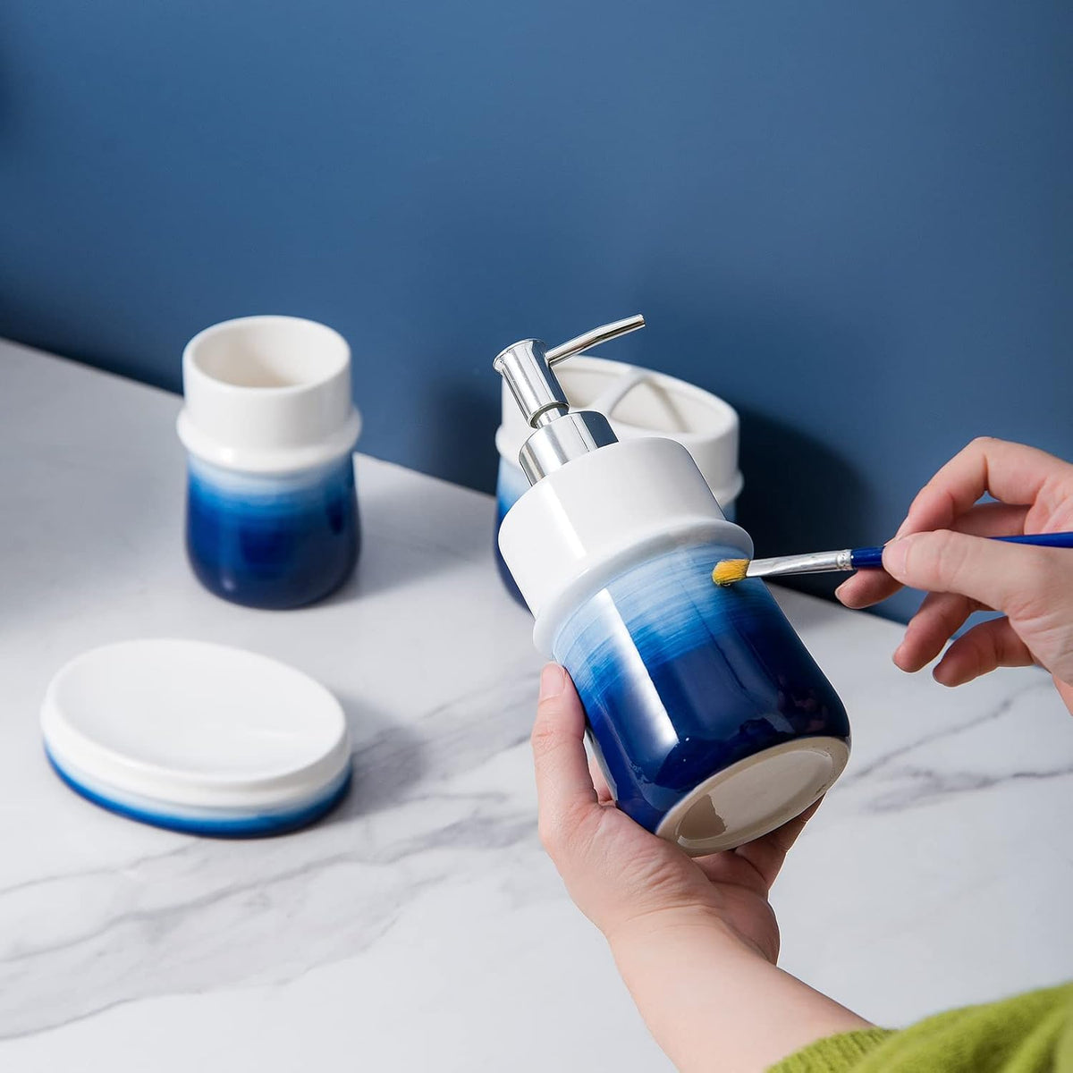 Navy Blue Ceramic Soap Dispenser for Kitchen, Refillable Hand Dispenser with Rust Proof Stainless