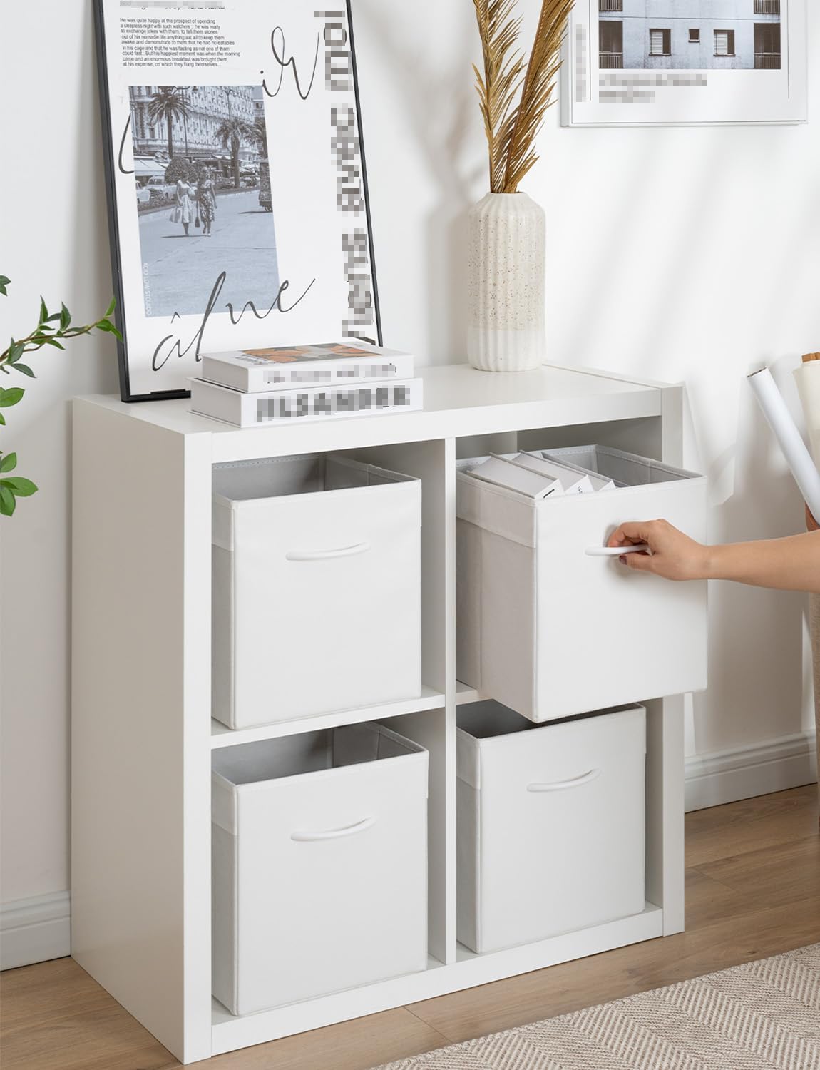StorageWorks White Storage Cubes, 11-inch Leather Bins with Handle, Cube Organizer Baskets for