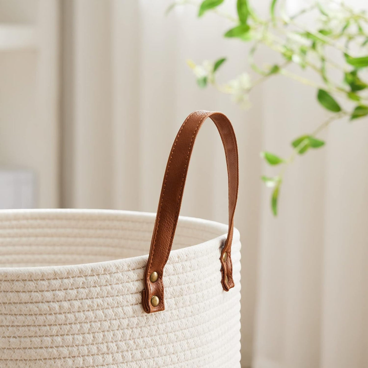 VIPOSCO Small Laundry Basket, Slim Baby Hamper with Leather Handle, Cute Woven Rope Storage Basket