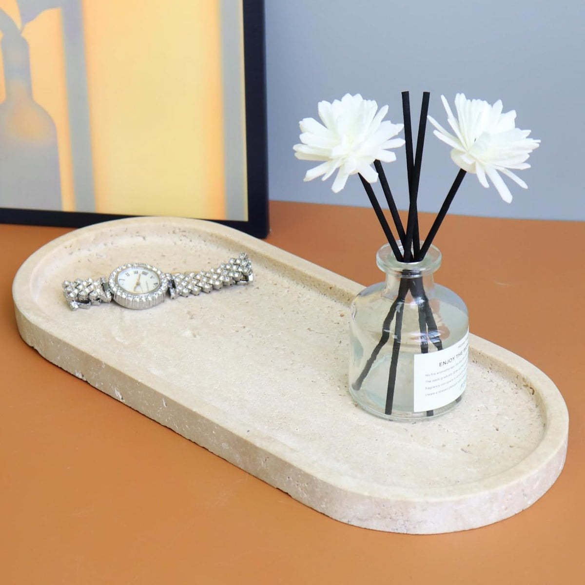 Natural Marble Tray, Oval Vanity Decorative Tray for Bathroom Counter, Countertop Stone Organizer