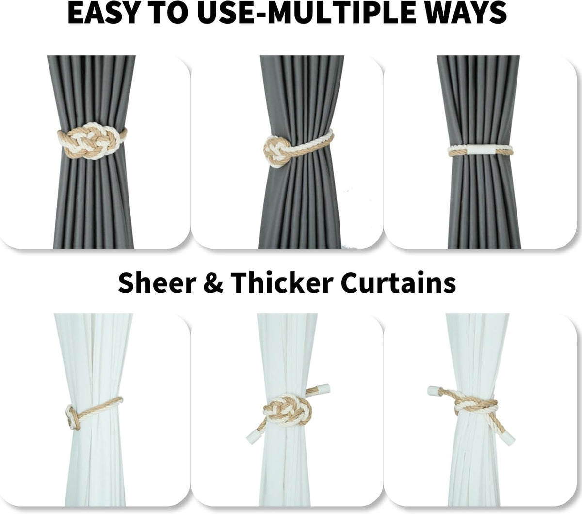 4 Pack Natural Jute Magnetic Curtain Tiebacks, Boho Rustic Style Decorative Curtain Ties Backs for