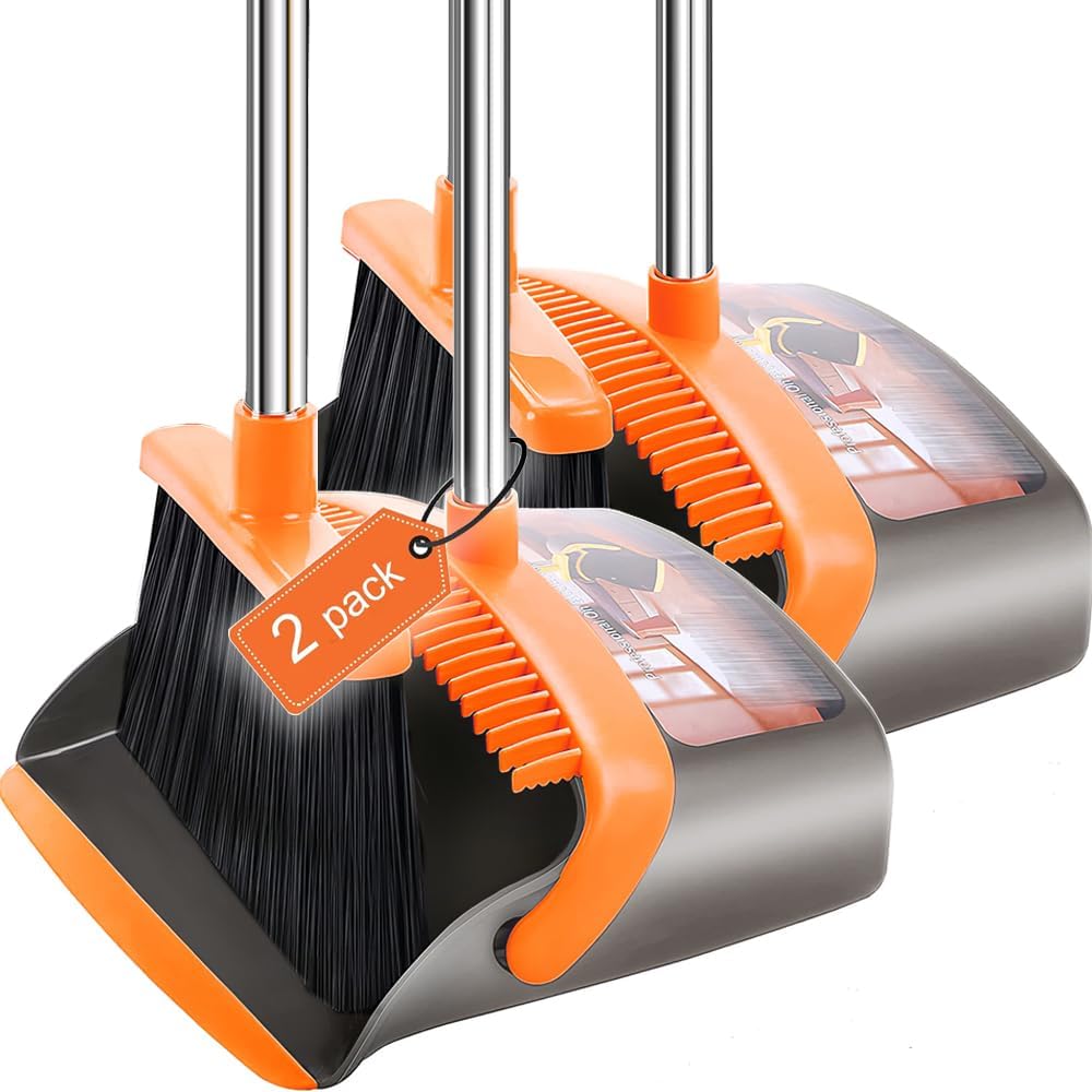 2-Pack is More economical，Upgraded Upright Broom and Dustpan Combo with 52" Long Handle, Dustpan