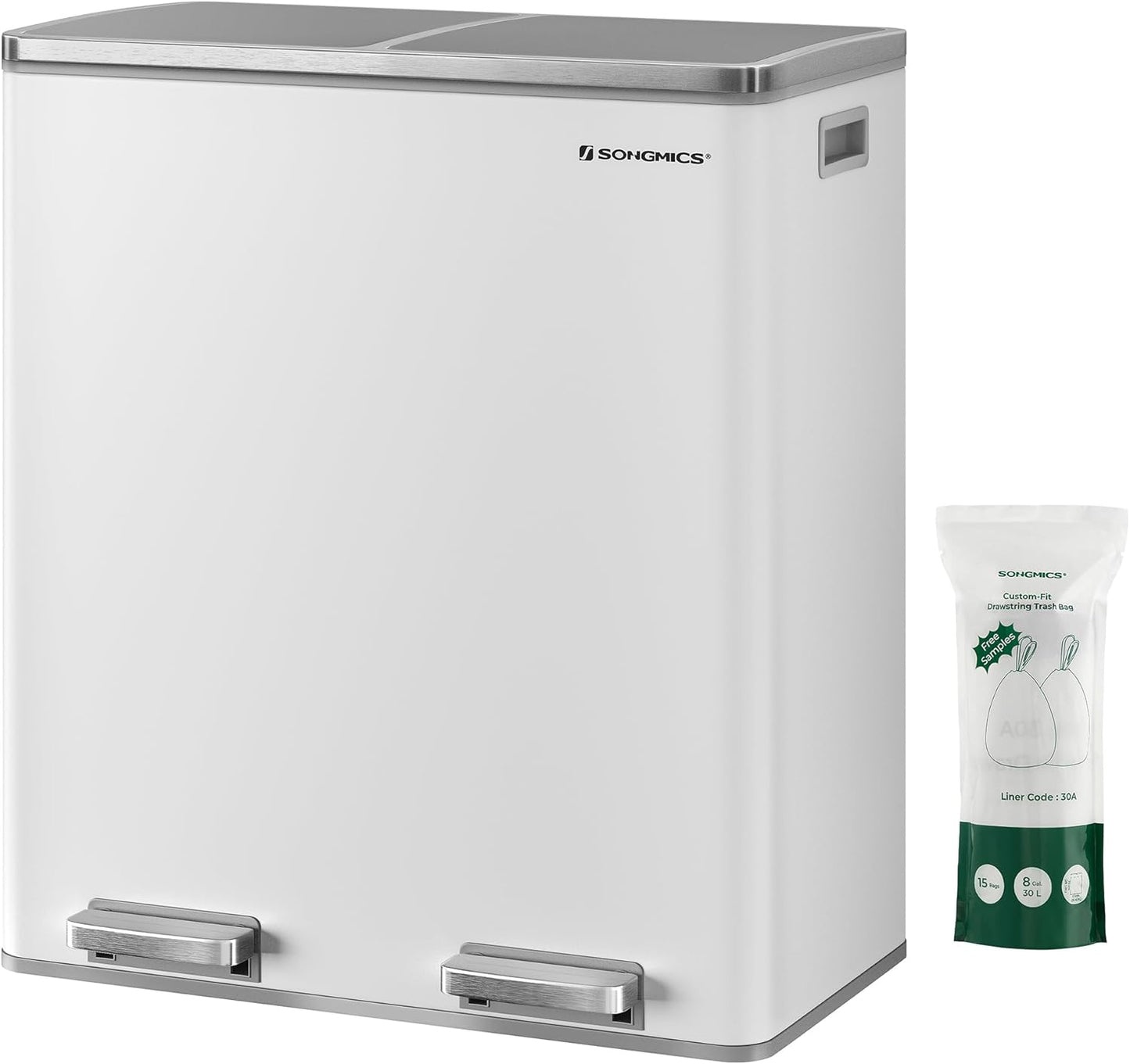 SONGMICS Trash Can, 2 x 8 Gallon (2 x 30 L) Garbage Can for Kitchen, with 15 Trash Bags, 2