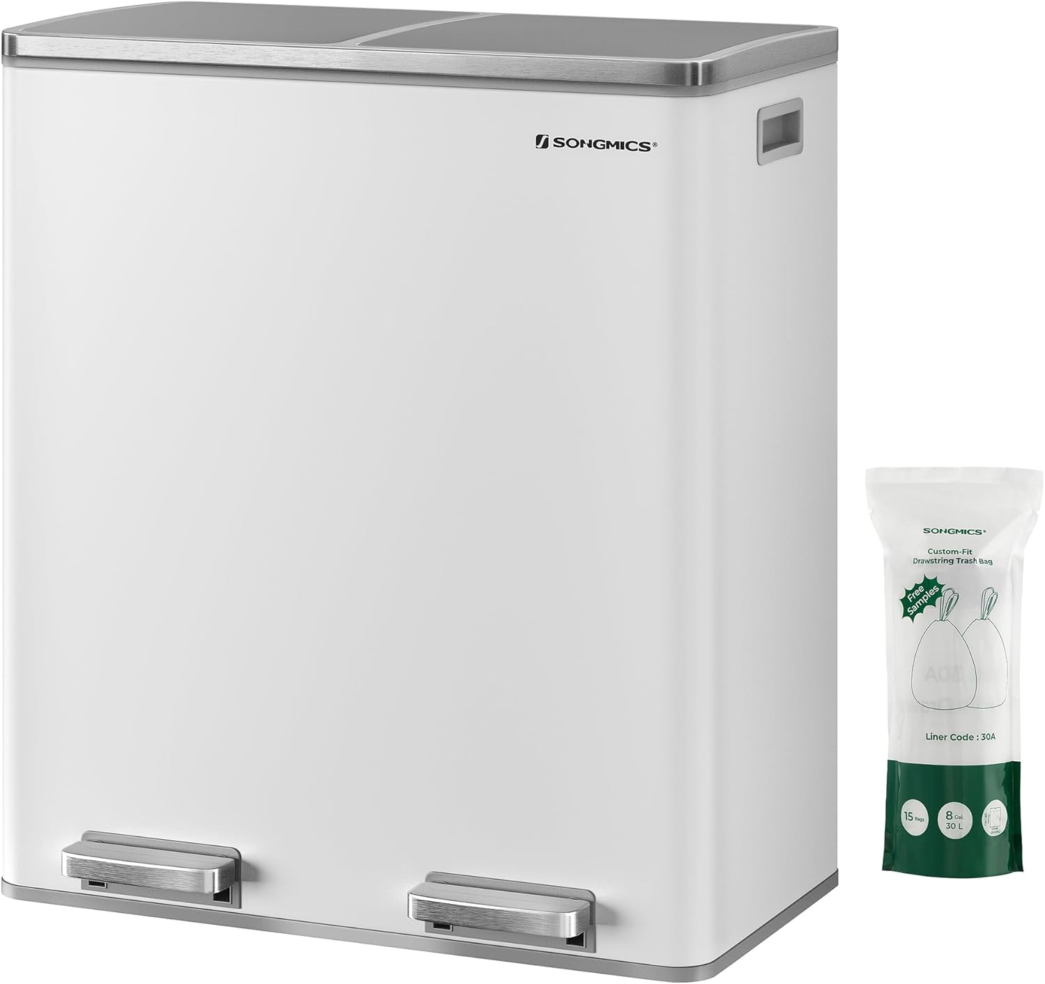 SONGMICS Trash Can, 2 x 8 Gallon (2 x 30 L) Garbage Can for Kitchen, with 15 Trash Bags, 2