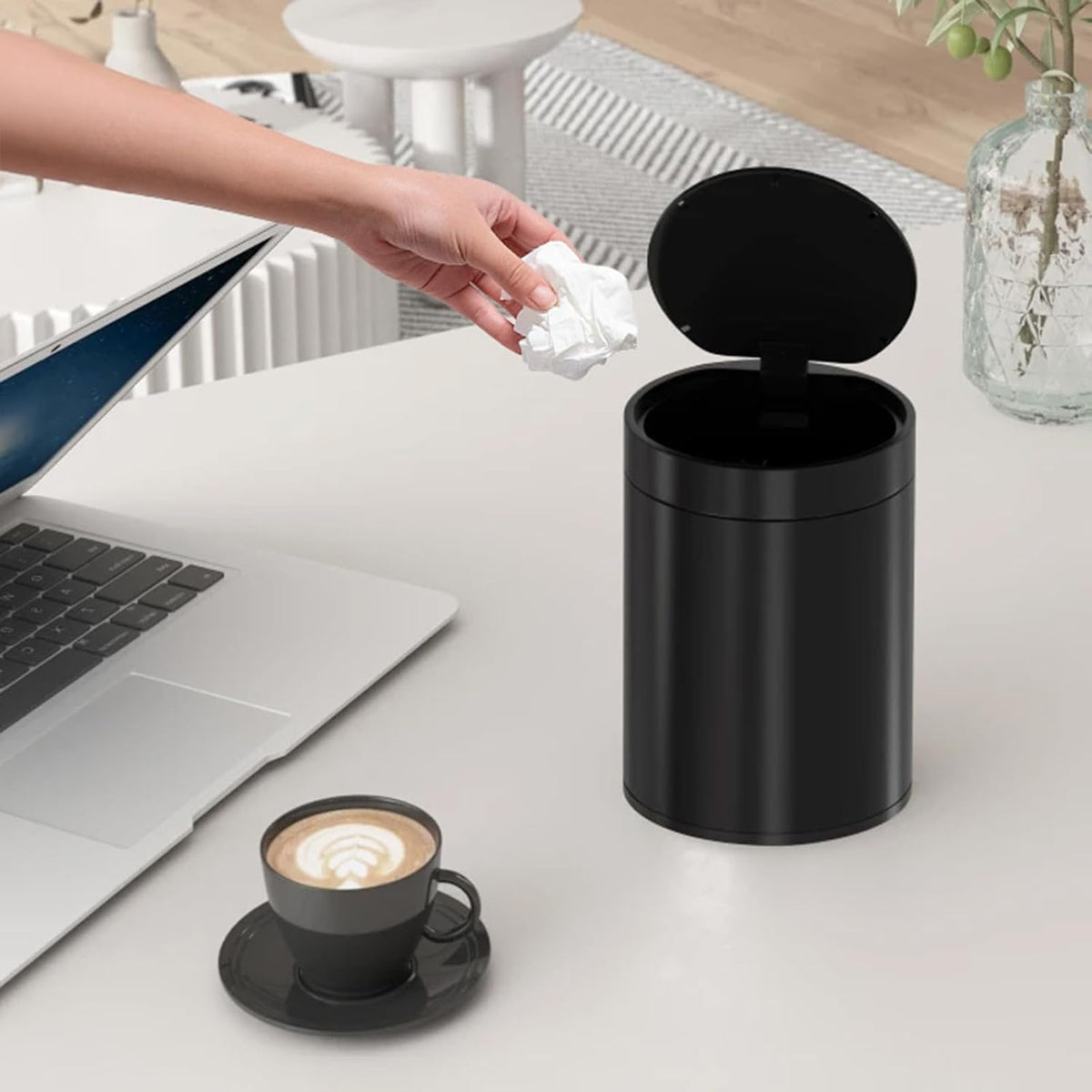 Mini Trash Can for Desk with Pop Up Lid,1.5L Tiny Trash Can for Desk, 0.4 Gal Stainless Steel mini