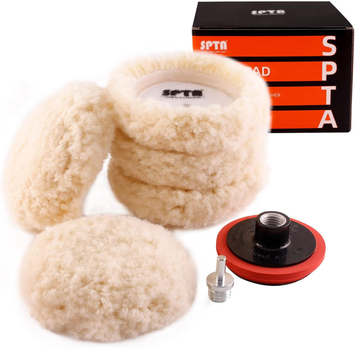 SPTA Wool Polishing Pad, 5Pcs 3"(75mm) 100% Natural Wool Buffing Pad with 1Pc Hook&Loop Backing