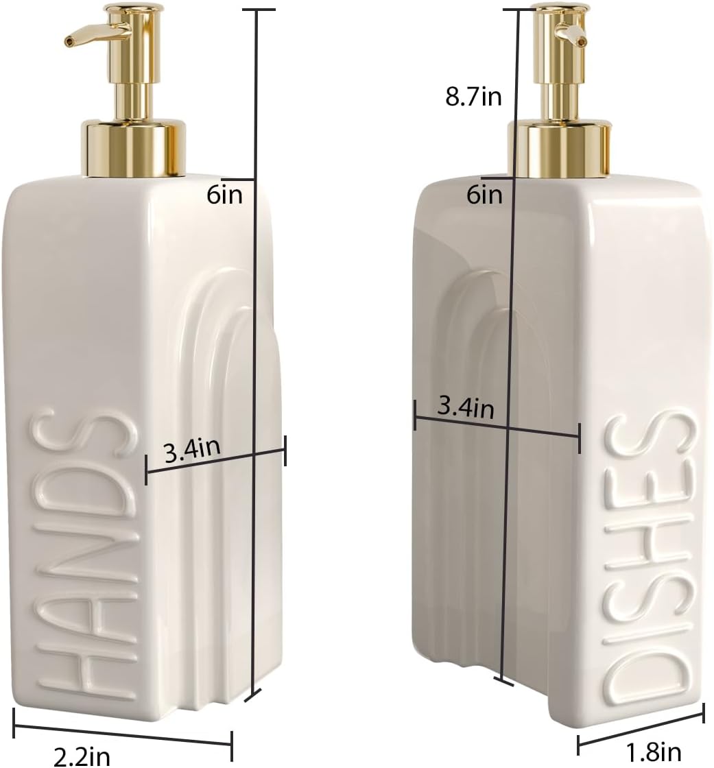Soap Dispenser Set with Gold Stainless Steel Pump and a Funnel, 2 Pack Modern Ceramic Refillable