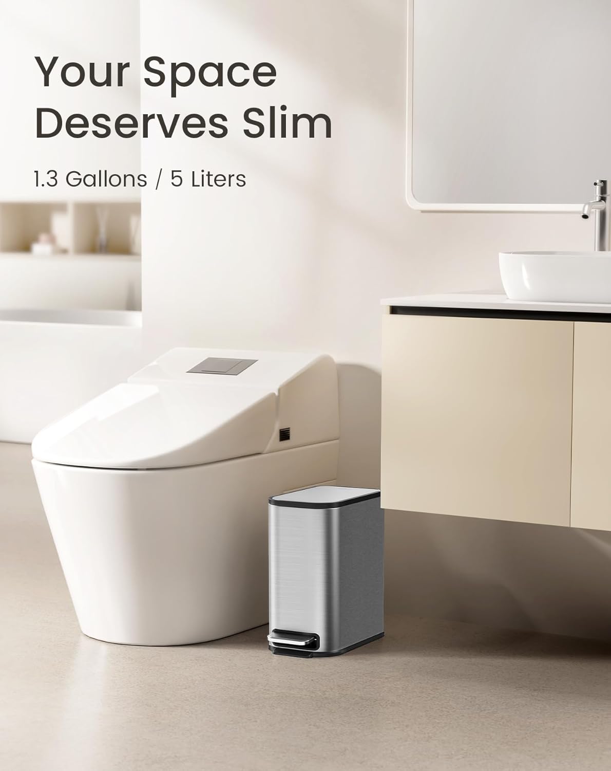 Cesun Small Bathroom Trash Can with Lid Soft Close, Step Pedal, 5 Liter / 1.3 Gallon Stainless