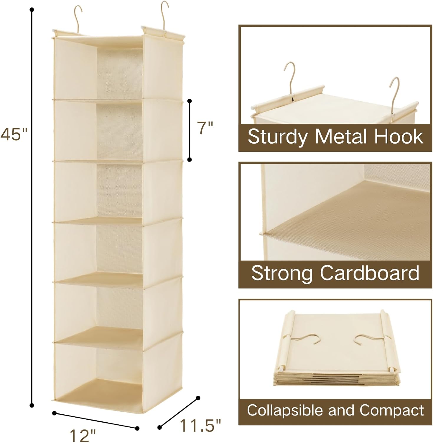 MAX Houser 6 Tier Shelf Hanging Closet Organizer, Cloth Hanging Shelf with 2 Sturdy Hooks for