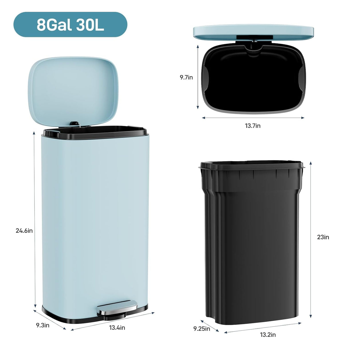 Arlopu 8/13.2 Gallon Step Trash Can, Stainless Steel Garbage Bin, Soft-Close Rubbish Bin with