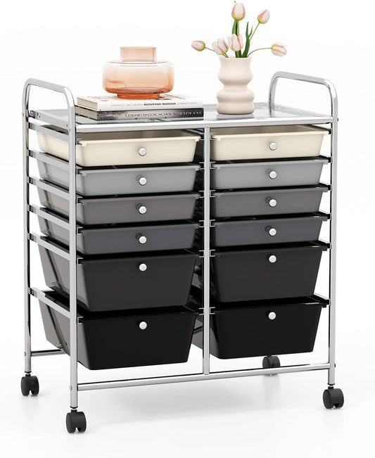 GOFLAME 12-Drawer Rolling Storage Cart, Multipurpose Organizer Cart with 2 Sizes Plastic Drawers