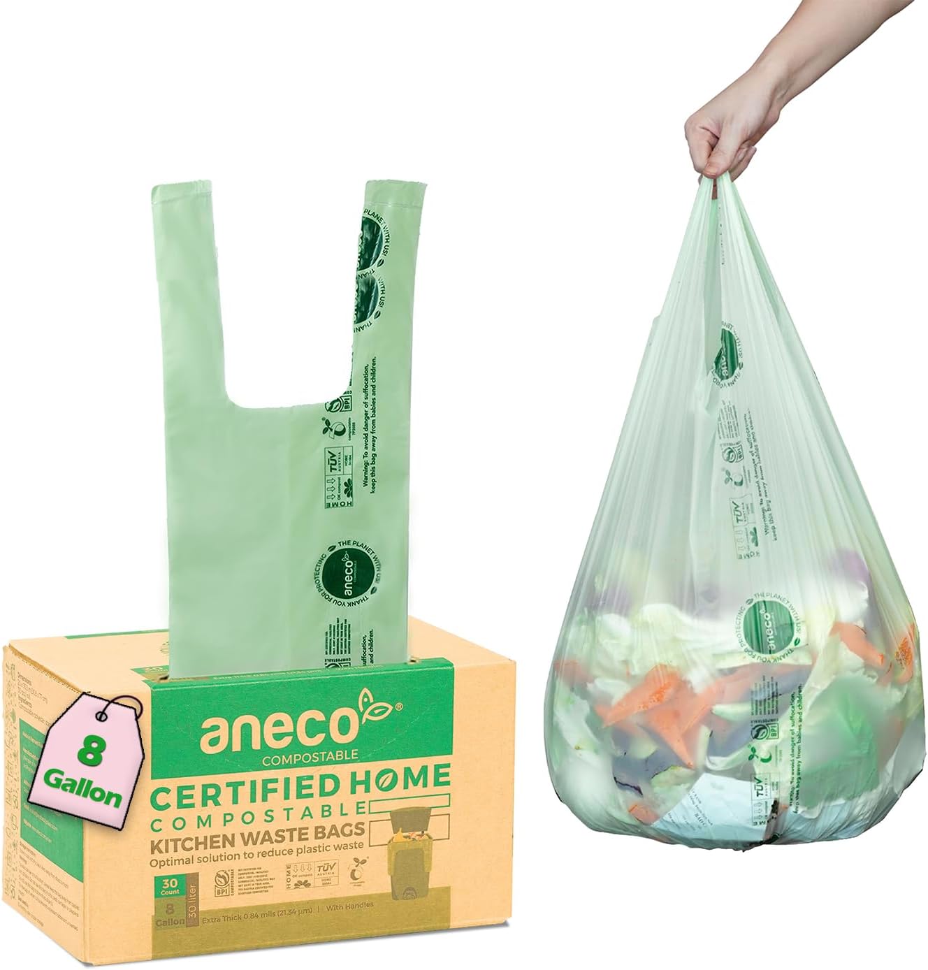 ANECO 8 Gallon Compostable Kitchen Food Waste Bags with Handles (30 Count), Leak-proof Compost Bags